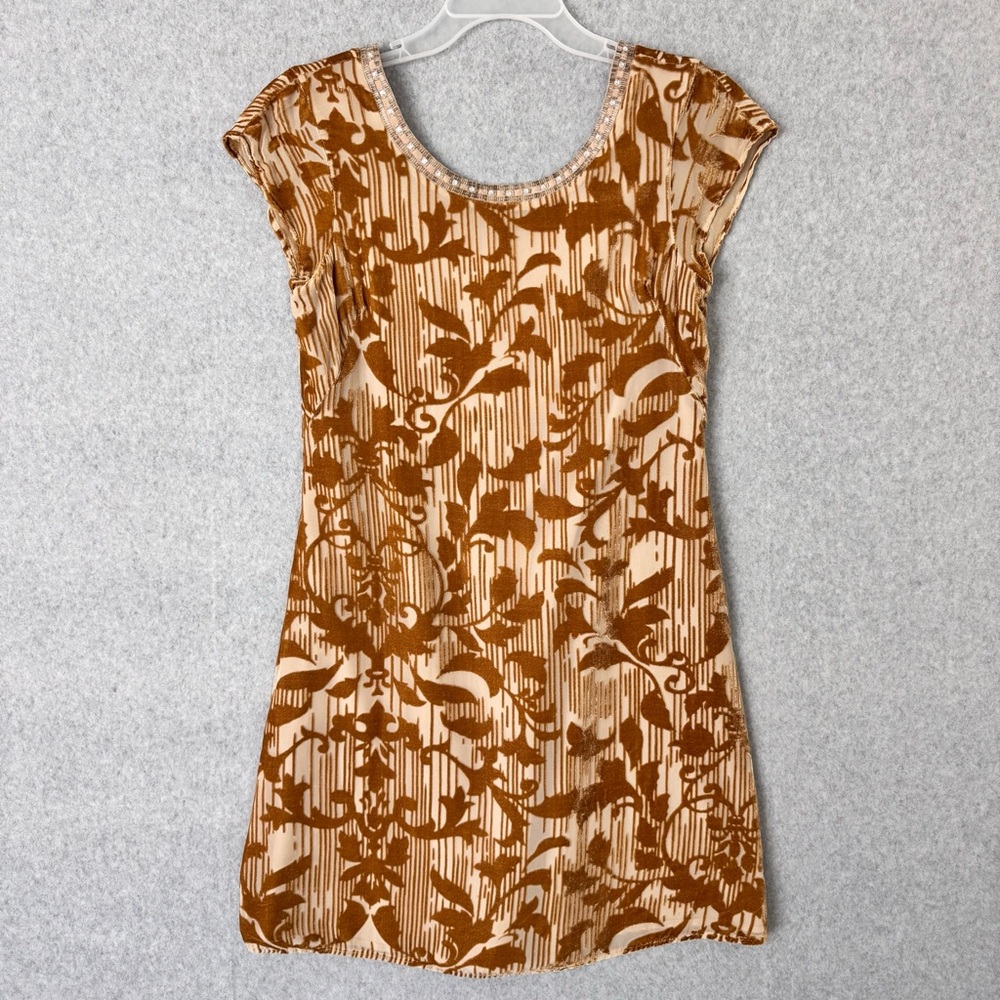 Sundance Burnout Velvet Floral Dress Size 6 Tan Gold Brown Silk Rayon Fairy